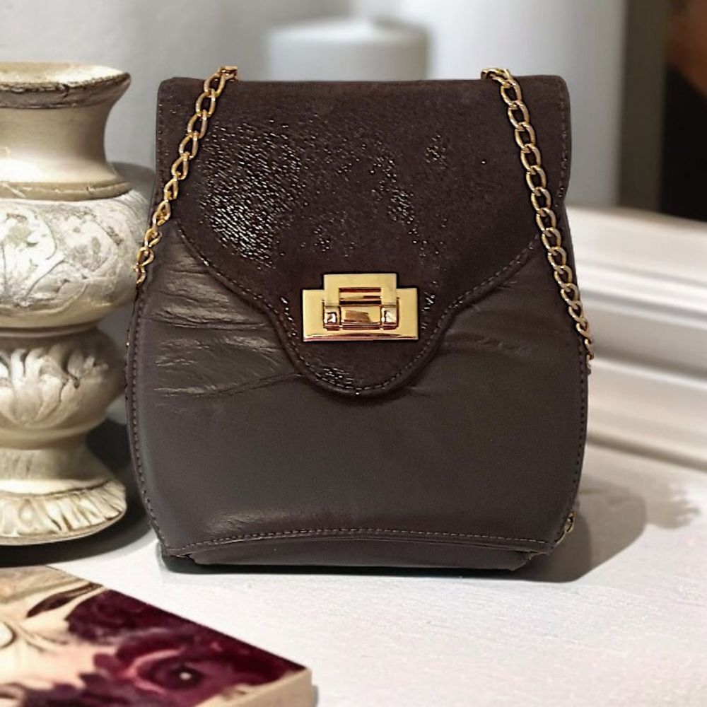 Vtg 80s Leather Crossbody Bag Chain Strap Brown Suede Clasp Lock Karam USA‎ Made